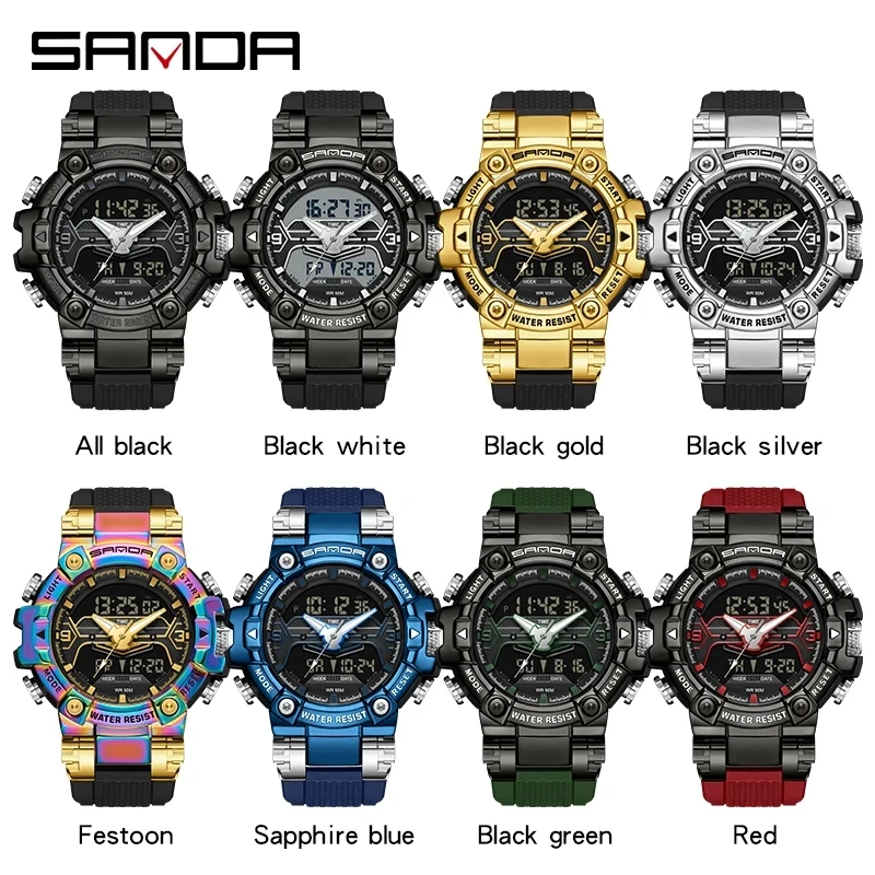 Sanda 3186 New Year Trendy Digital Analog Display TPU Strap Waterproof Shock Resistant Fashion Sports Men Cool Watches