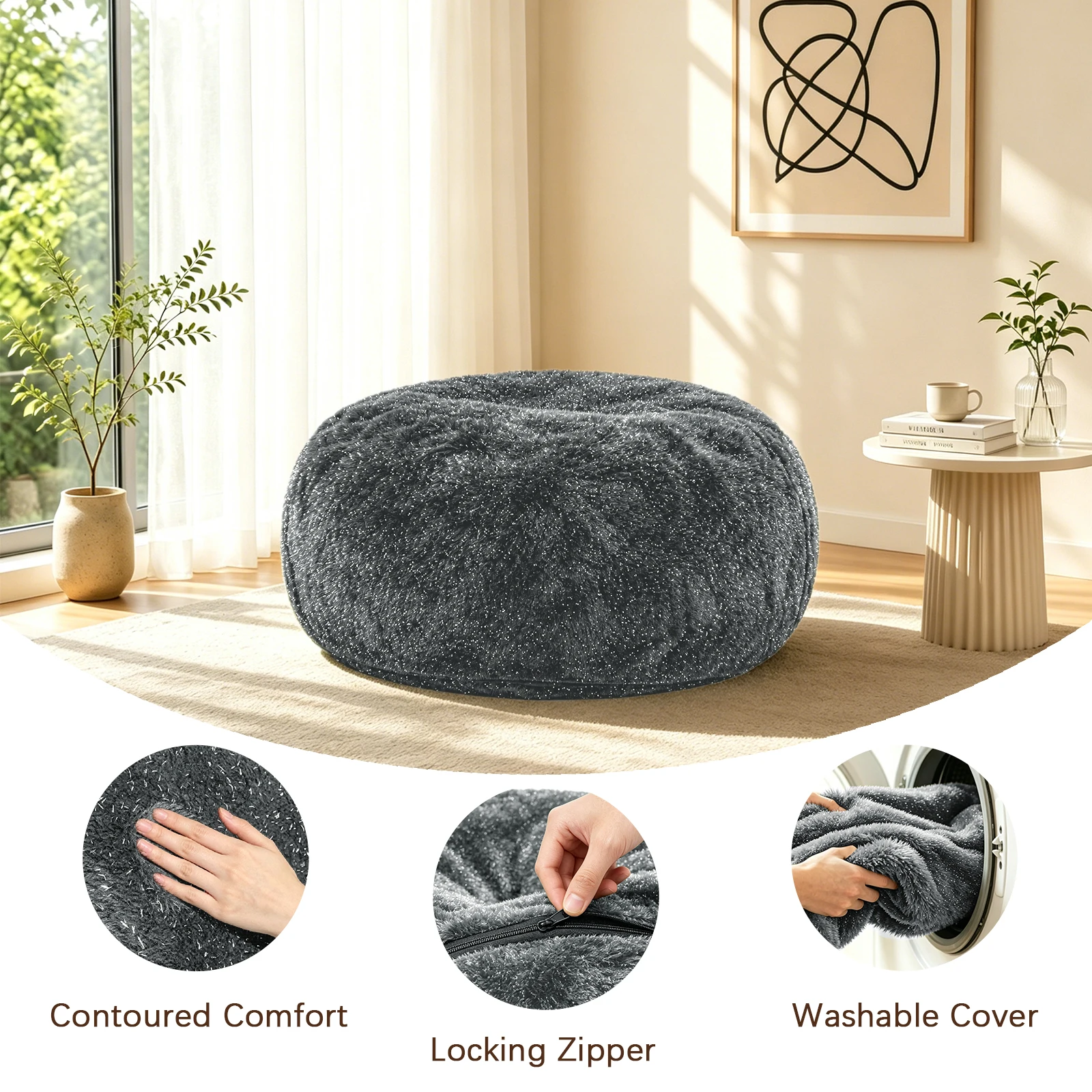 4FT Glitter Fluffy Faux Fur Bean Bag Chair, Vacuum Compressed High Rebound Memory Foam Floor Seat With Hidden Zipper Removable Washable Fabric Cover image 7