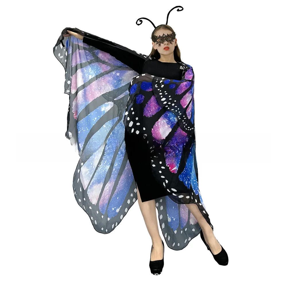 2024 New Two Layers Chiffon Butterfly Wings Costume Adults Halloween Shawl Colorful Nymph Pixie Accessory for Christmas Cosplay