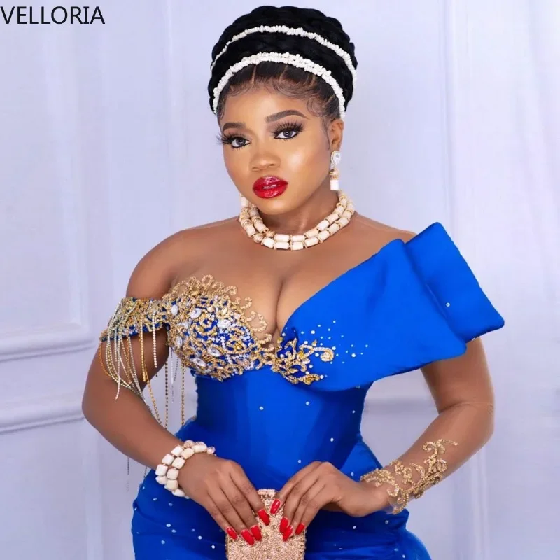 فستان سهرة أزرق ملكي بكتف واحد مطرز بأكمام طويلة فستان سهرة من التل شرابات فستان رسمي للحفلات Vestdos De Fiesta مخصص