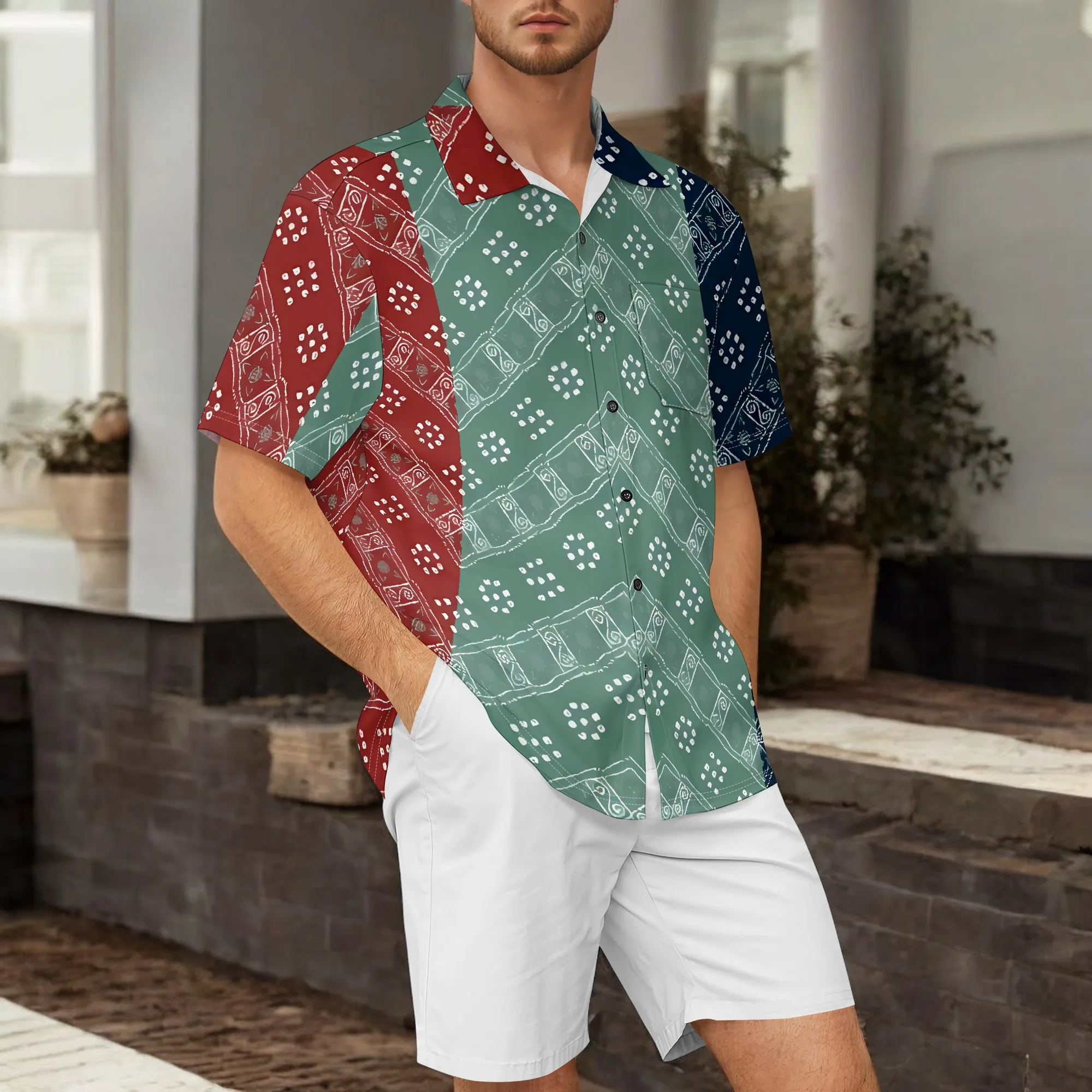 

YEAE Patchwork Bandana Print Shirt for Men Summer Casual Short Sleeve Top