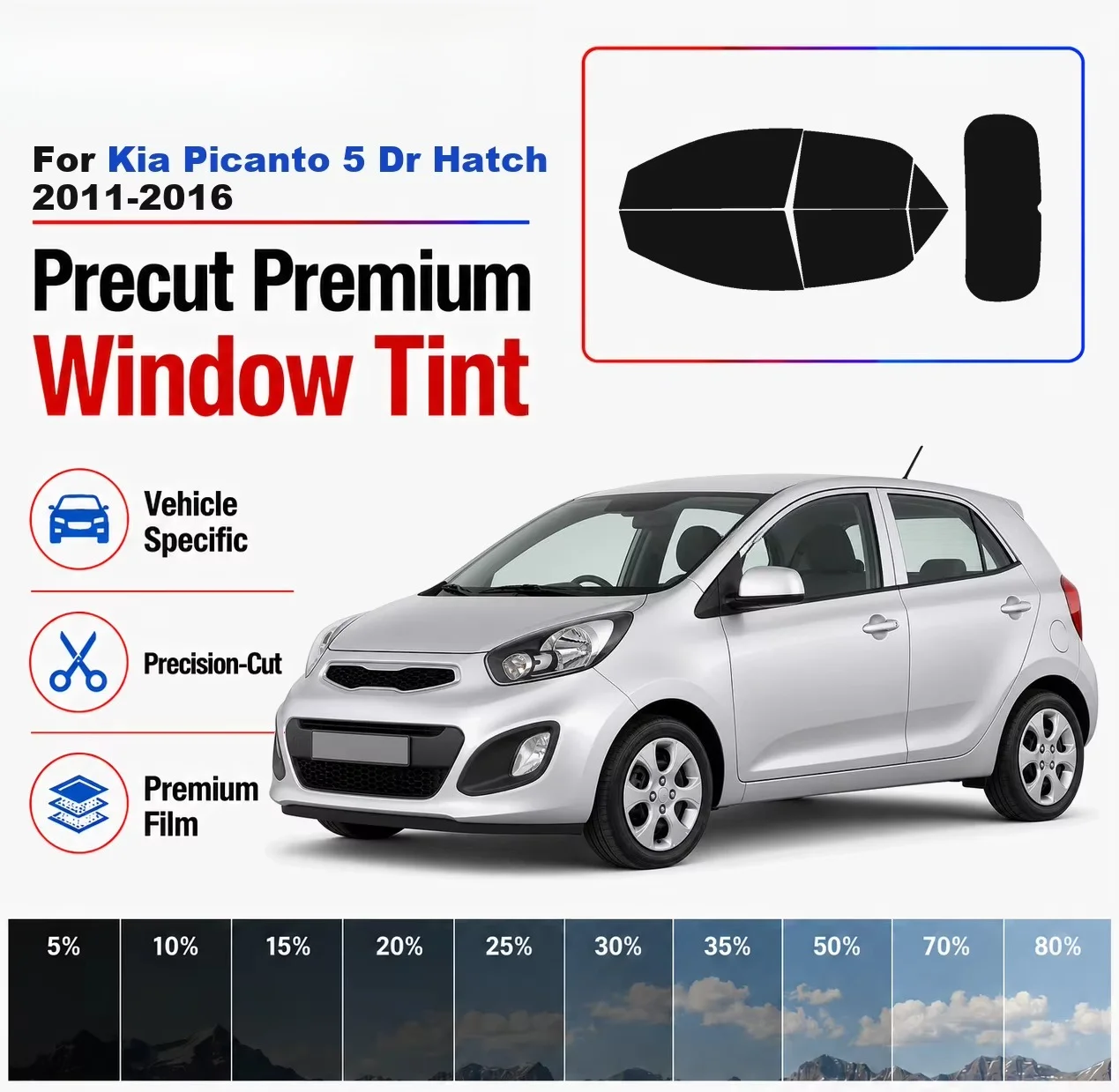 Premium Precut Window Tint Kit Front Windows Rear Windows Rear Windshield For Kia Picanto 5 Dr Hatch 2011-2016 Nano Ceramic Film