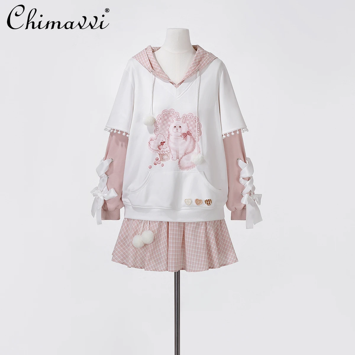 

Японский милый комплект из толстовки с капюшоном и юбки с длинными рукавами для девочек, осенне-зимний новый розовый милый студенческий наряд, комплект из двух предметов