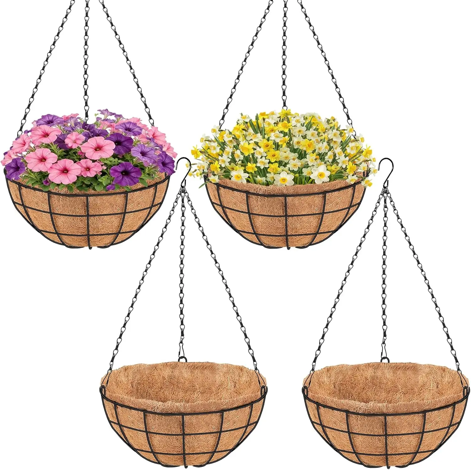 

18 Inch Hanging Baskets for Plants Outdoor, 4 Pack Large Wire Planters with Coconut Coir Liners for Garden Deck Porch