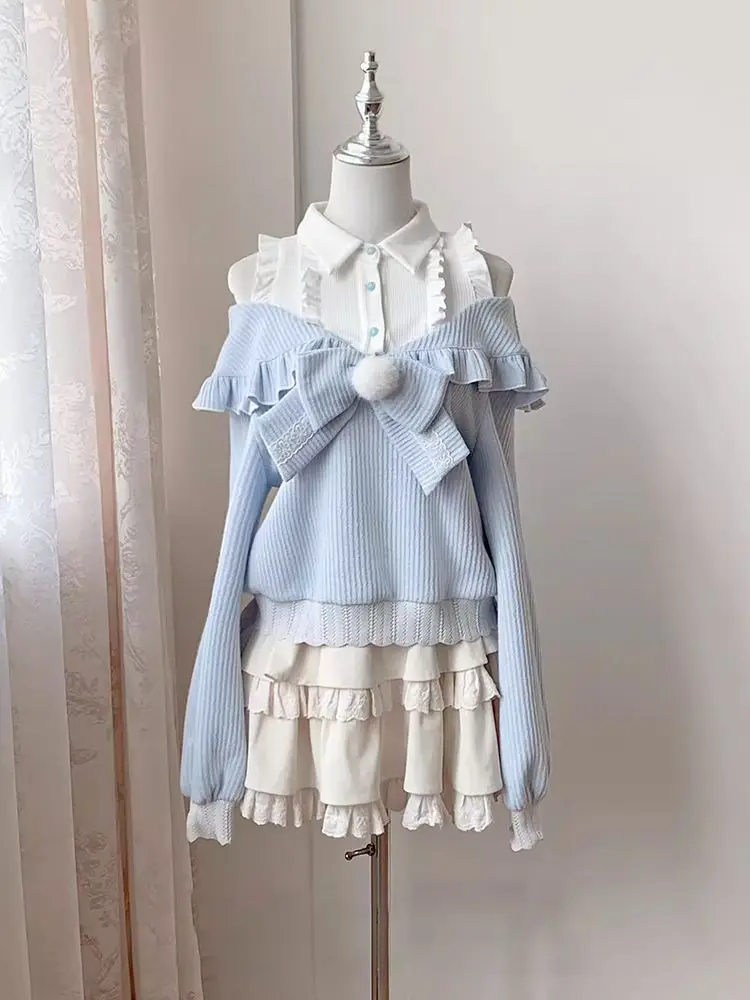 

Japan Two-Piece Skirt Set With Water-Color Sweet And Cute Style Autumn And Winter Off-Shoulder Sweater With Sweet Design