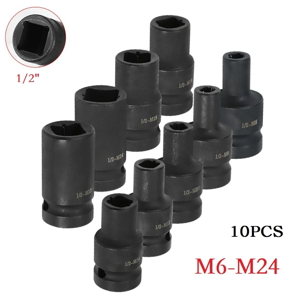 10PCS Suqare Screw Tap Socket /2 Inch Driver For Electric Driver Wrench M6- For M24 Electric Driver Wrench Tool Accessories