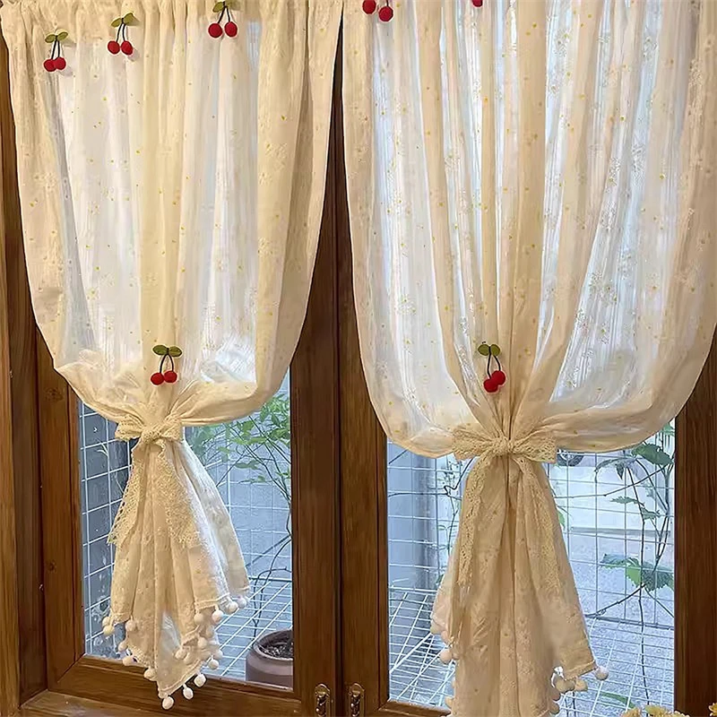 Nordic Beige Cotton Linen Lace Daisy Fabric Bedroom Bay Window Short Curtains For kitchen Cabinet Drapes Door Decor Curtains