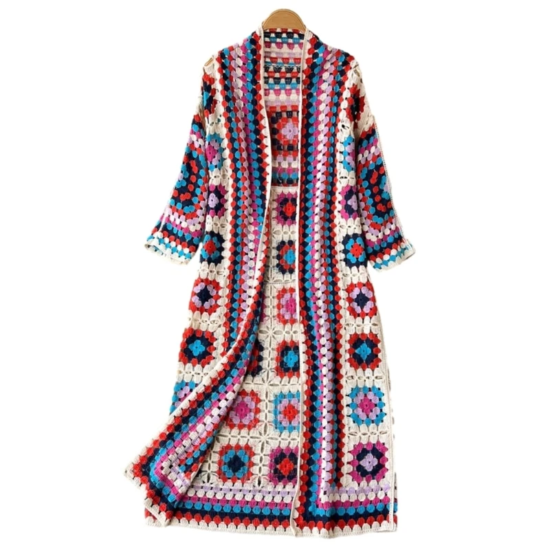 Women's Knitted Long Cardigan with Colorful Hollow Out Crochet Open Front Detail Dropship