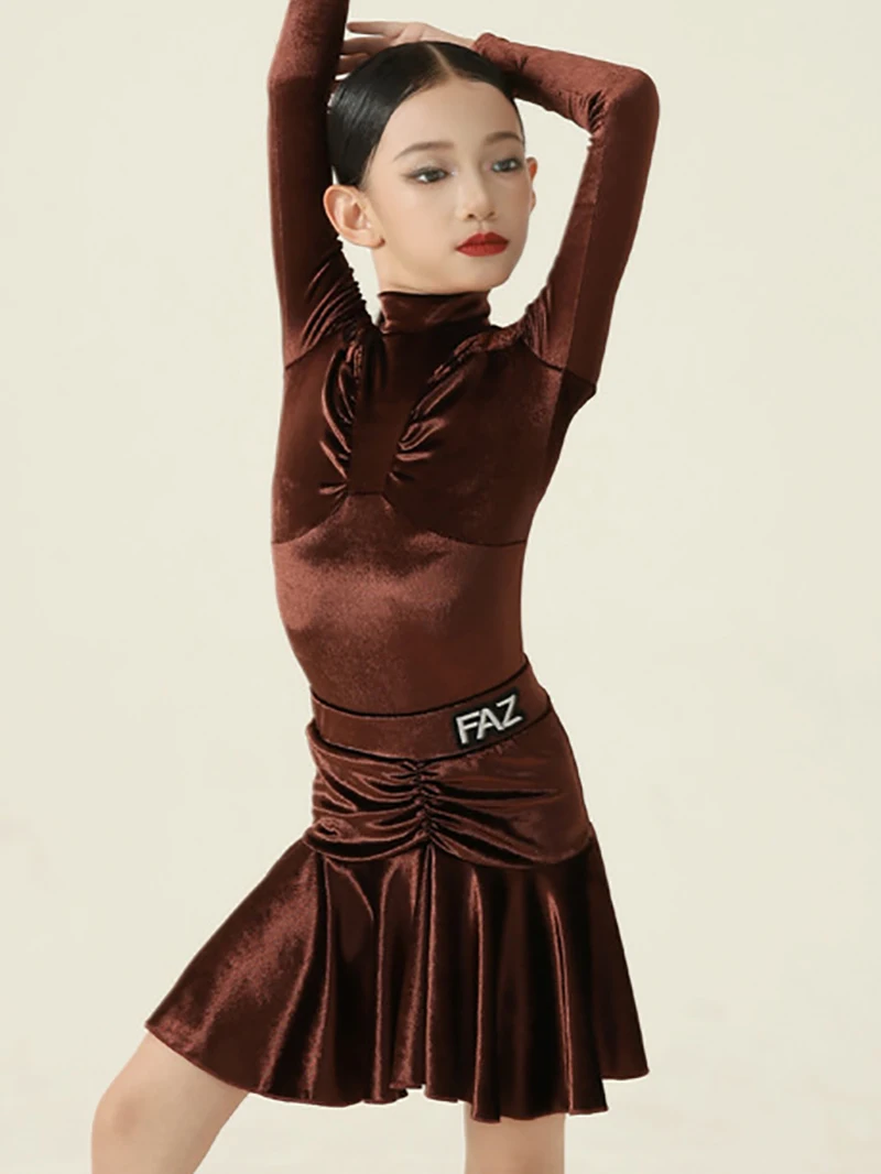 Jupes à volants en velours café pour enfants, robe de danse moderne, spectacle de compétition, Costume de danse Standard National pour filles