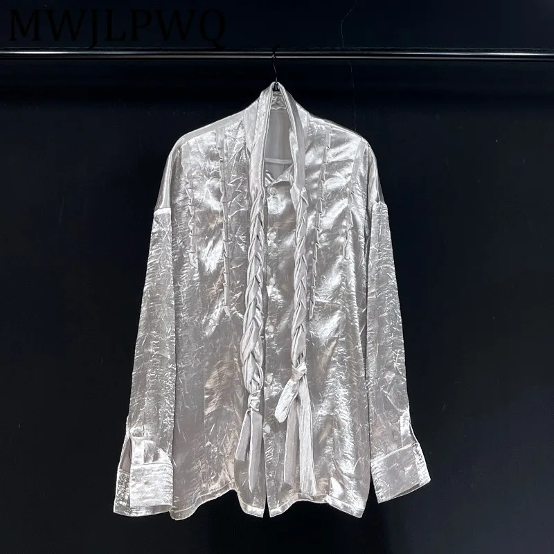 

MWJLPWQ Unisex Design 2025 New Silver Wrinkled Texture Shirt Niched Niched Long Sleeve For Men Autumn Loose Casual Tops 12146