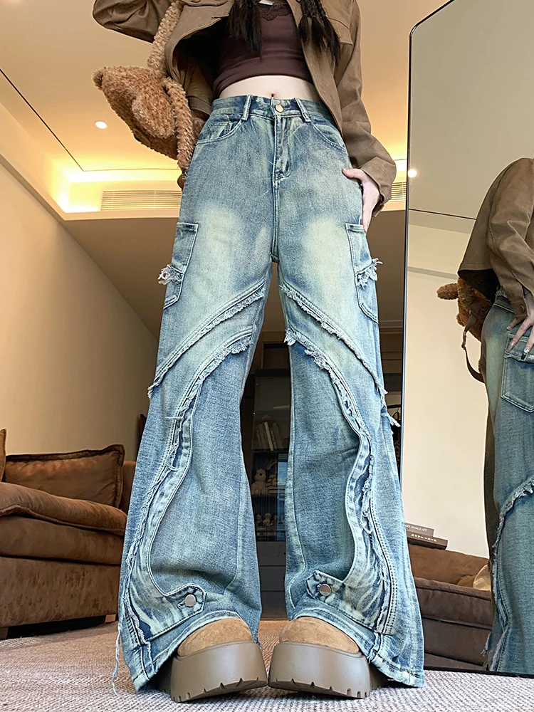 

Vintage Ripped Jeans Women High Waist Wide Leg Baggy Pants Fashion High Street Denim Pants Trousers Female 2024 New Cargo Pants