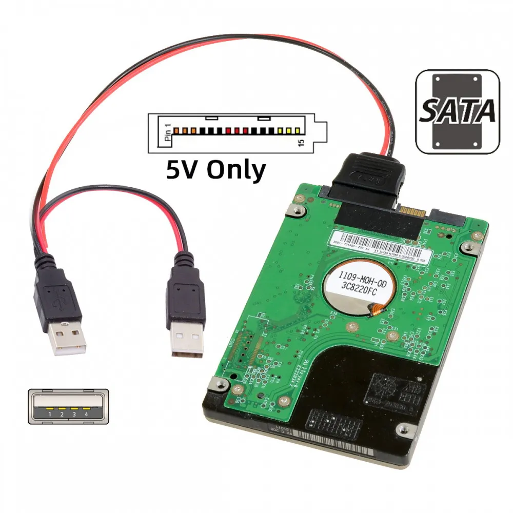 SATA 2.5 inch Power Cable Dual USB to SATA 15Pin DC 5V for 2.5 inch SATA HDD SSD Disk Driver 5V 2A Max