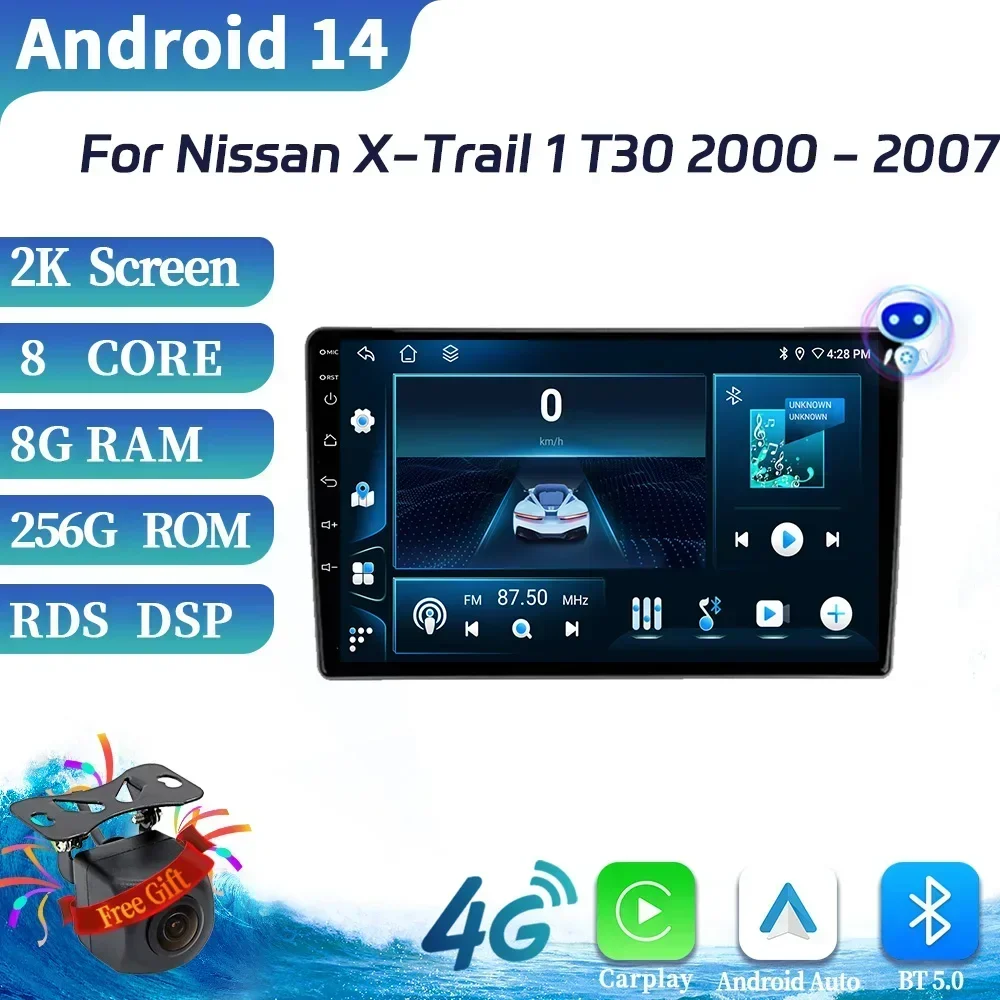 รถวิทยุ Android มัลติมีเดียสําหรับ Nissan X-Trail 1 T30 2000-2007 GPS นําทาง BT CarPlay Android 14 อัตโนมัติ 10 นิ้วหน้าจอไร้สาย