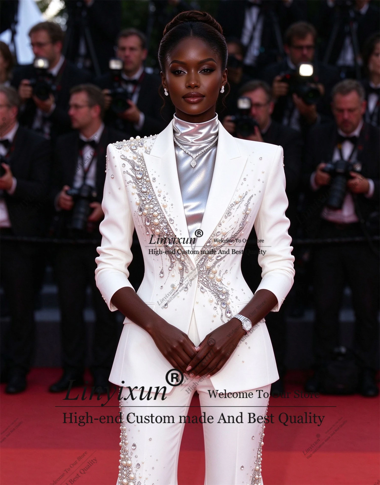 Gorgeous Pearl Women Suits Sets 2 Piece Fashion Customized Peaked Lapel Outfits Shiny Casual Chic Female Suit blazer feminin
