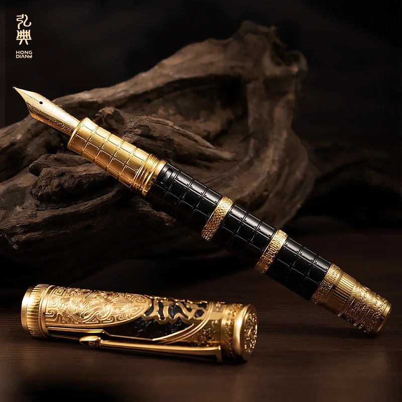 Imagem -04 - Hongdian Qin Dinastia Série Fine Nib Caneta-tinteiro Requintado Retro Caligrafia Escrita Pistão Gravado Estilo Chinês Caneta Presente 14k