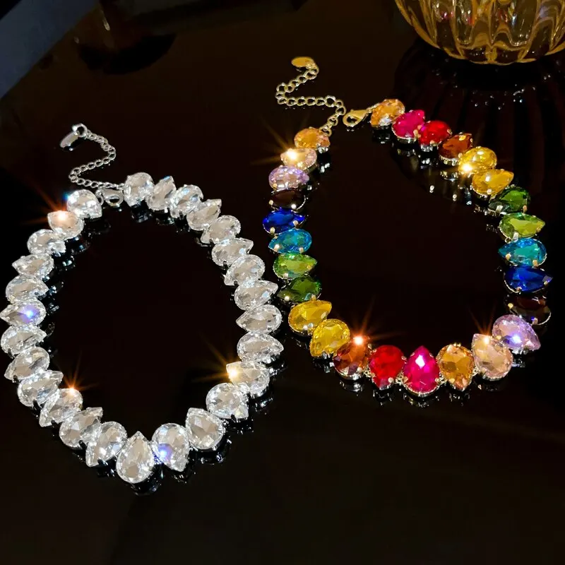 Colorful Rhinestone Crystal Necklace For Women Luxury Fashion Water Drop Choker Necklaces For Party Wedding Bridal Jewelry K0
