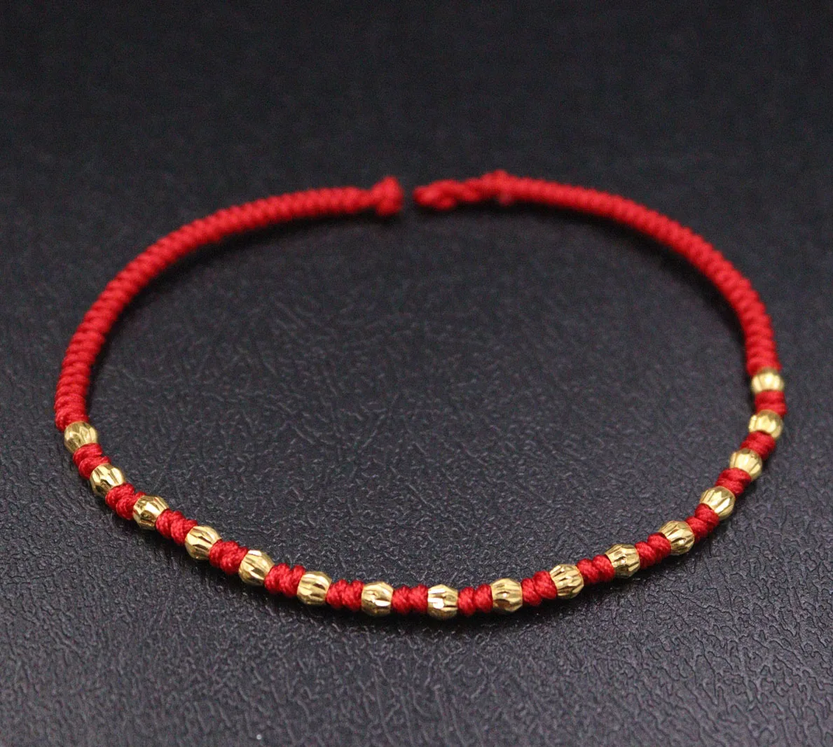 999 Pure 24k Yellow Gold Bracelet 3mm Carved Bead Red String link 7.5inchL