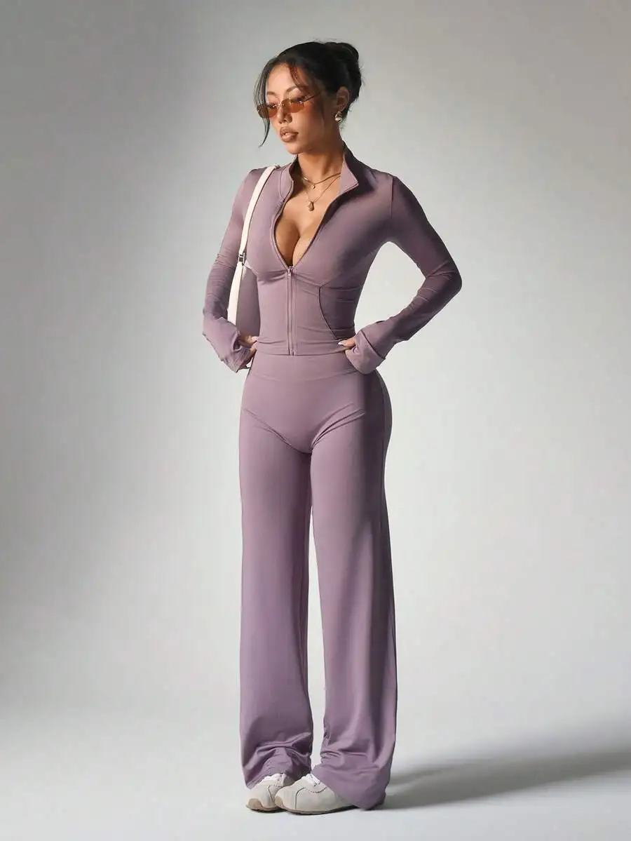 

Purple Zipper Long Sleeve Fitted Top And Wide Leg Pants Yoga Set