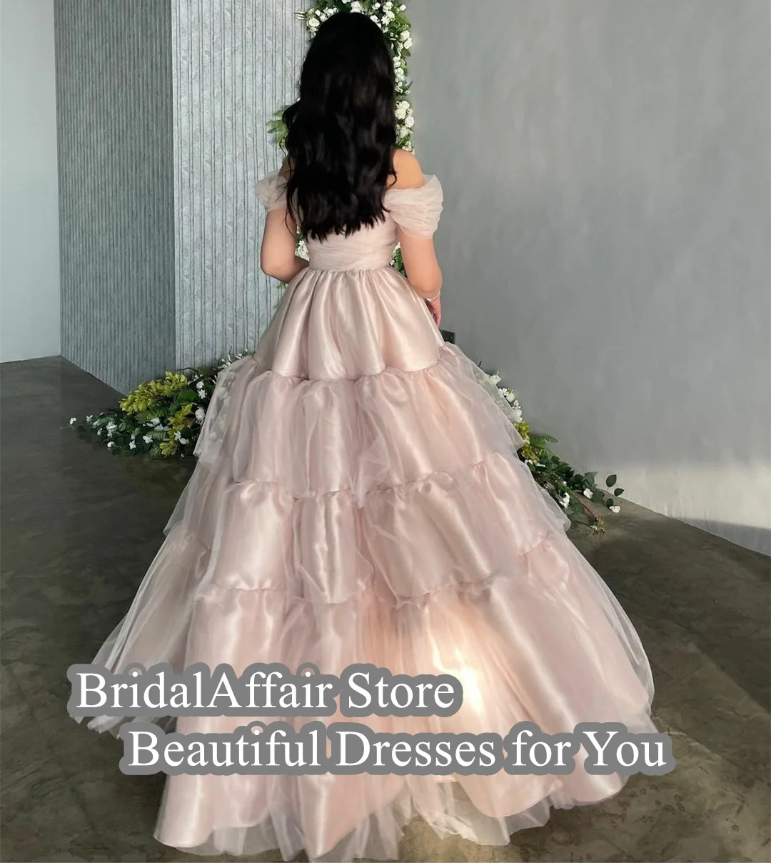 BridalAffair A-Line Off Shoulder Tulle Pink Evening Dresses Floor Length Elegant Prom Formal Dress for Women