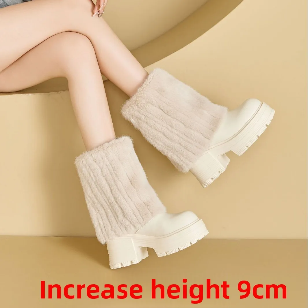 Women's Winter Fur-Lined Boots - Thick Sole Chunky High Heels, Leather Riding Boots with Side Zipper & Fluffy Design