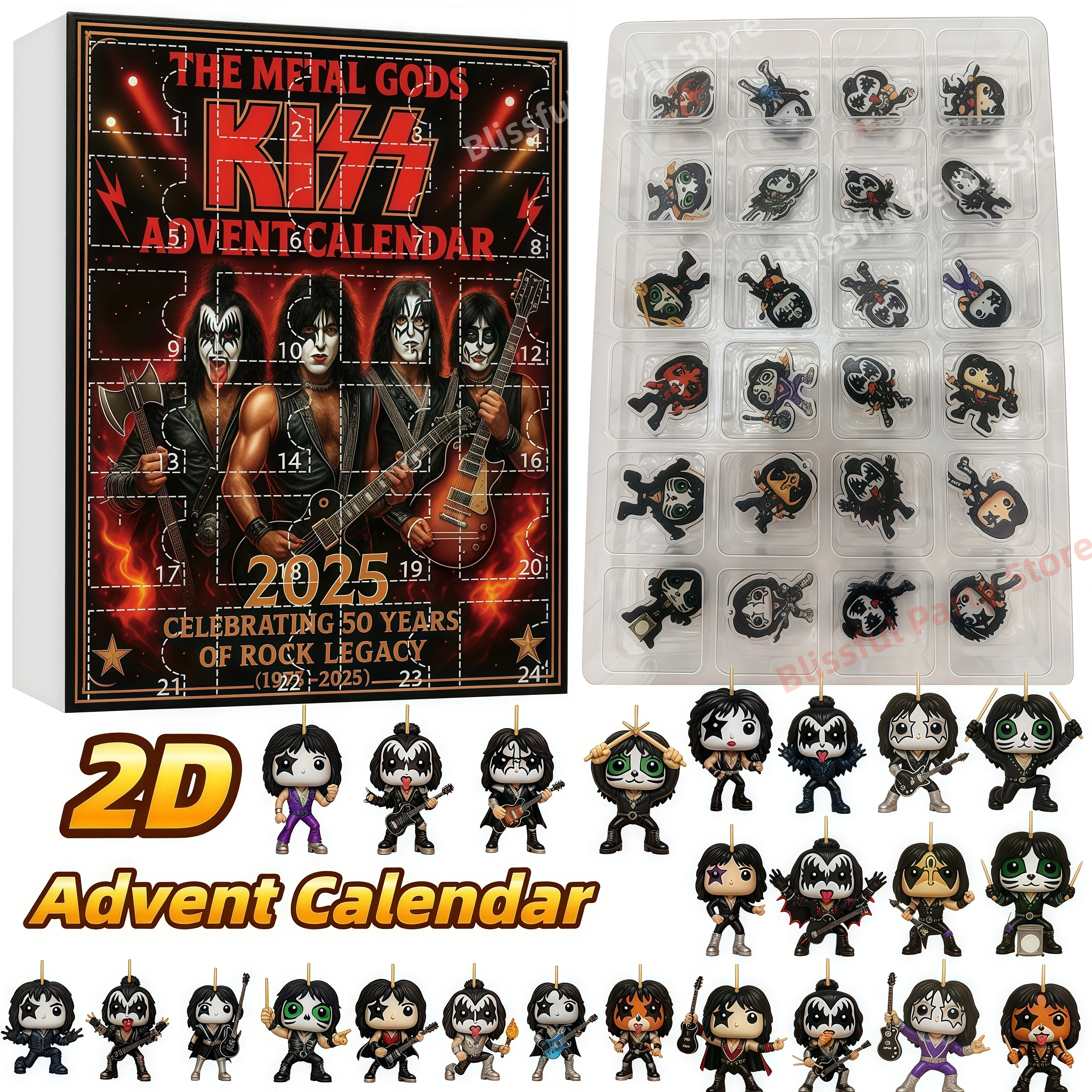 

Адвент-календарь The Metal Gods of KISS Band, календарь обратного отсчета на 2025 года, 24 дня, подарок, 2D плоский акриловый культовый музыкальный коллекционный подарок