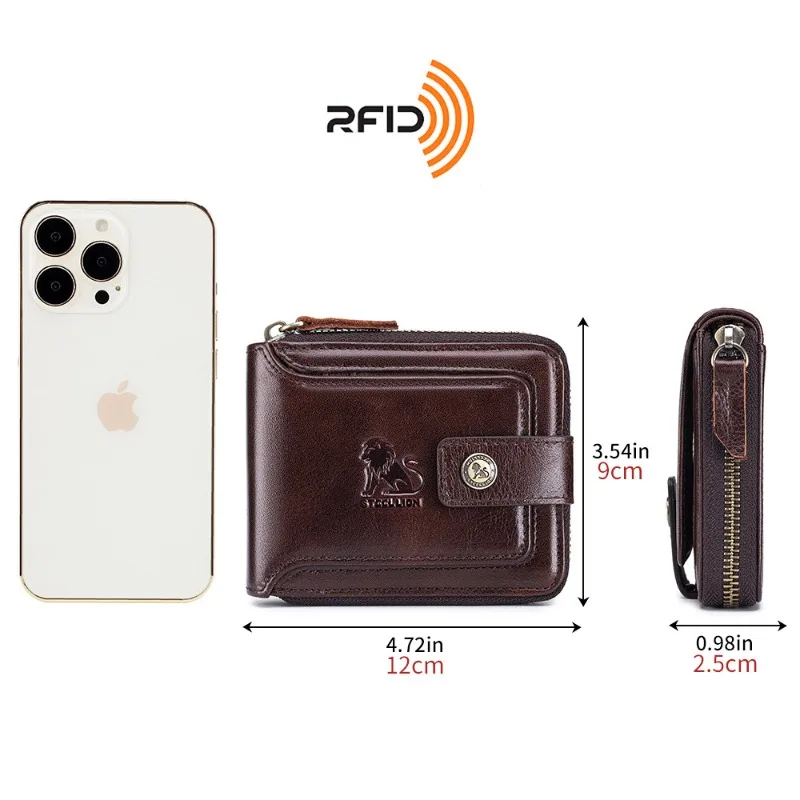 STEEL LION Men's Genuine Leather Wallet Top-Grain Cowhide Casual Multi-Card Wallet with Anti-Skimming Protection Coin Pocket