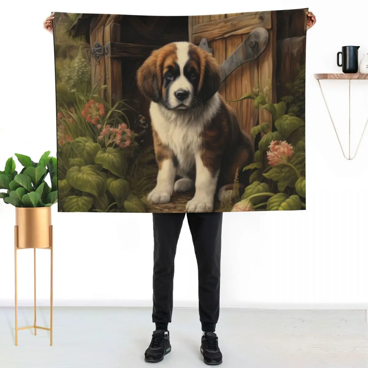 cute Saint Bernard puppy dog in garden with flowers Throw Blanket couch cozy soft plush fuzzy picnic outdoor blanket