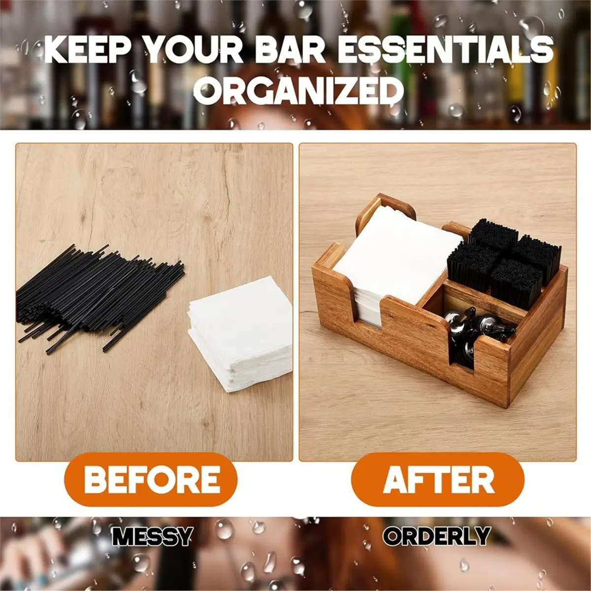 Wooden Bar with 6 Compartments, Wood Bar Napkin & Straw Organizer Cocktail Napkin Holder Condiments