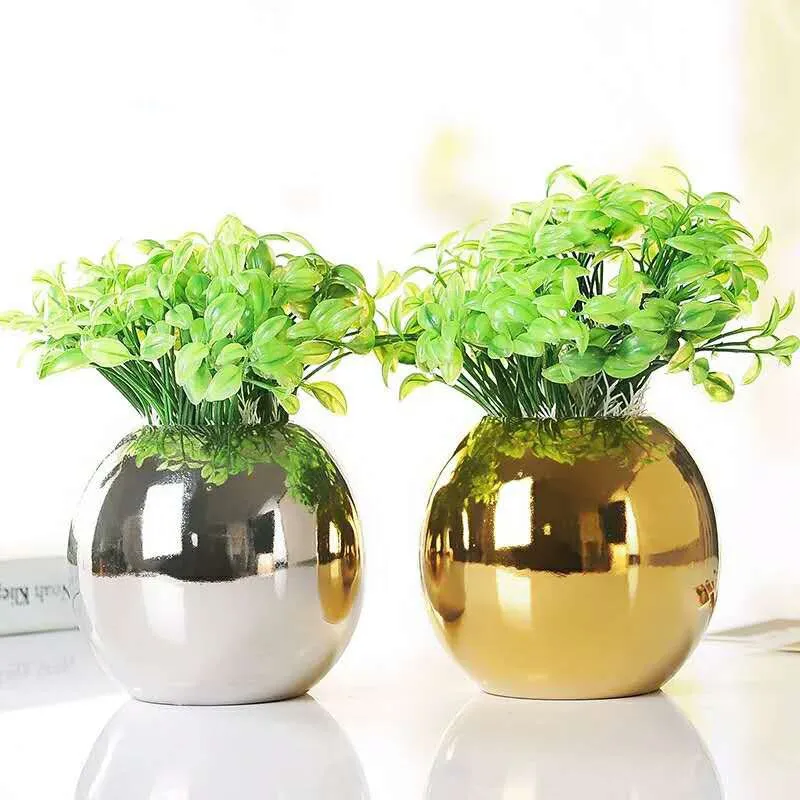 Modern Brief Gold Color Ceramic Craft Bottle Round Ball Small Flower Vase Silver  Art Floral Organ Home Accessories Desktop