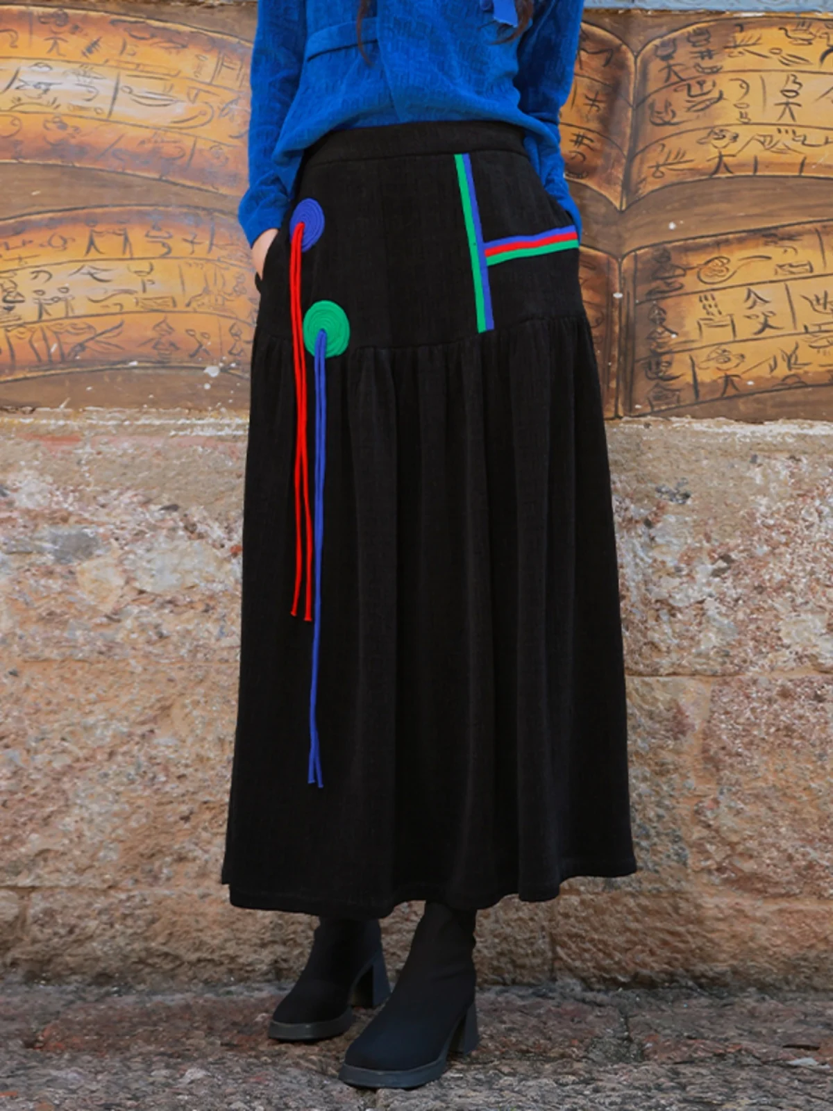 

Оригинальный дизайн Yang Li: Пышная юбка А-силуэта с пэчворком, миди-юбка для женщин среднего возраста, весенняя мода