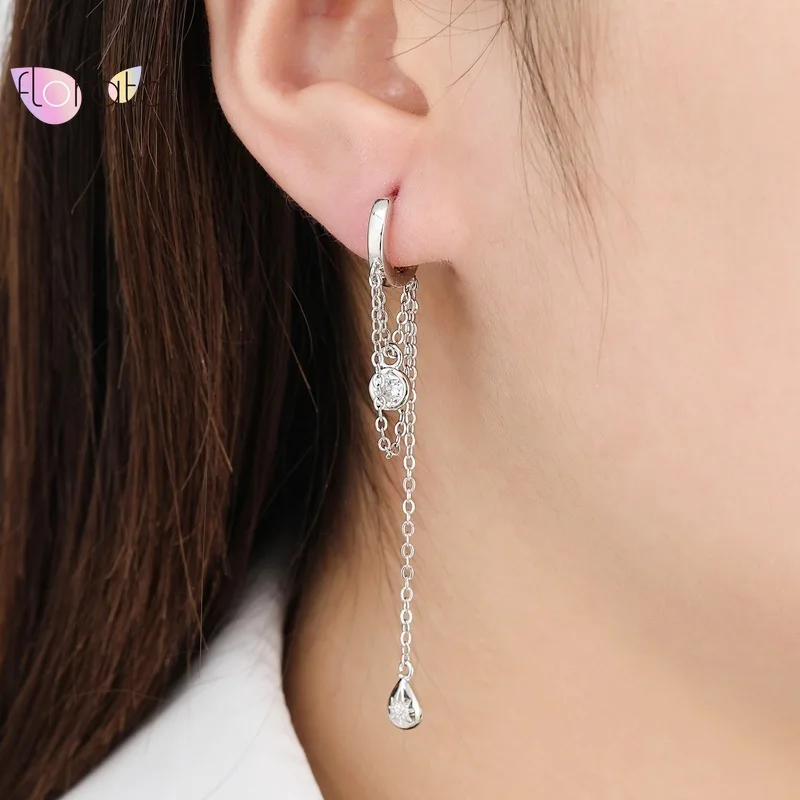 925 Sterling Silver Needle White Long Tassel Chain Drop Earrings for Women Luxury Crystal Perforation Earrings Wedding Jewelry