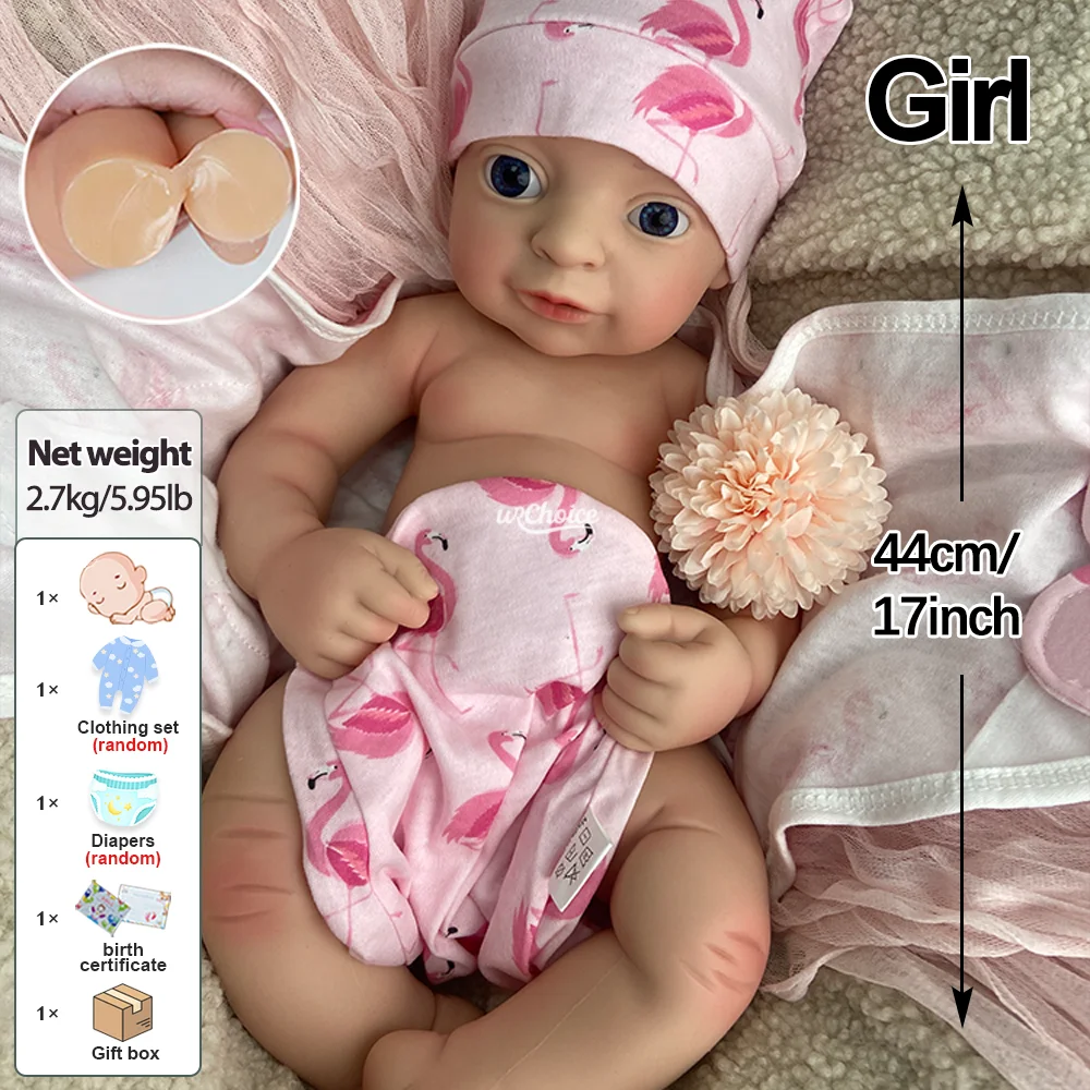 Poupée Reborn en silicone souple, 43 cm, bouche ouverte et lavable, peau peinte réaliste, pour nouveau-né, pour enfants de 3 ans et plus, cadeaux pour enfants