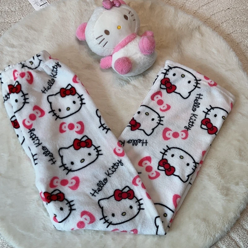 Kawaii sanrio hellokitty pijama de desenho animado y2k feminino outono/inverno fofo quente calças de vovó moda solta vestuário doméstico