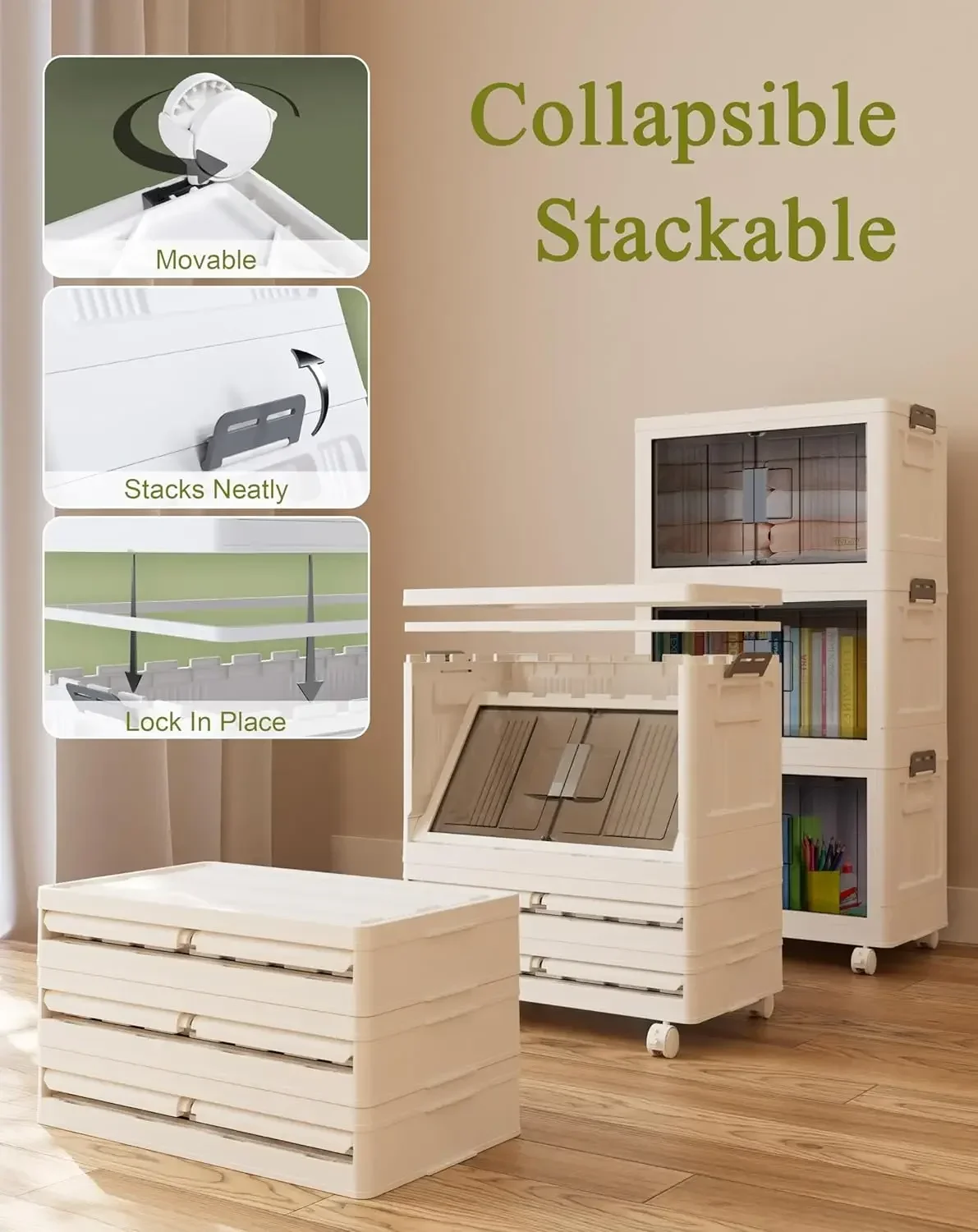 Storage Bins with Lids - Folding Storage box with Doors and Wheels, Collapsible Plastic Storage Bins for Closets,