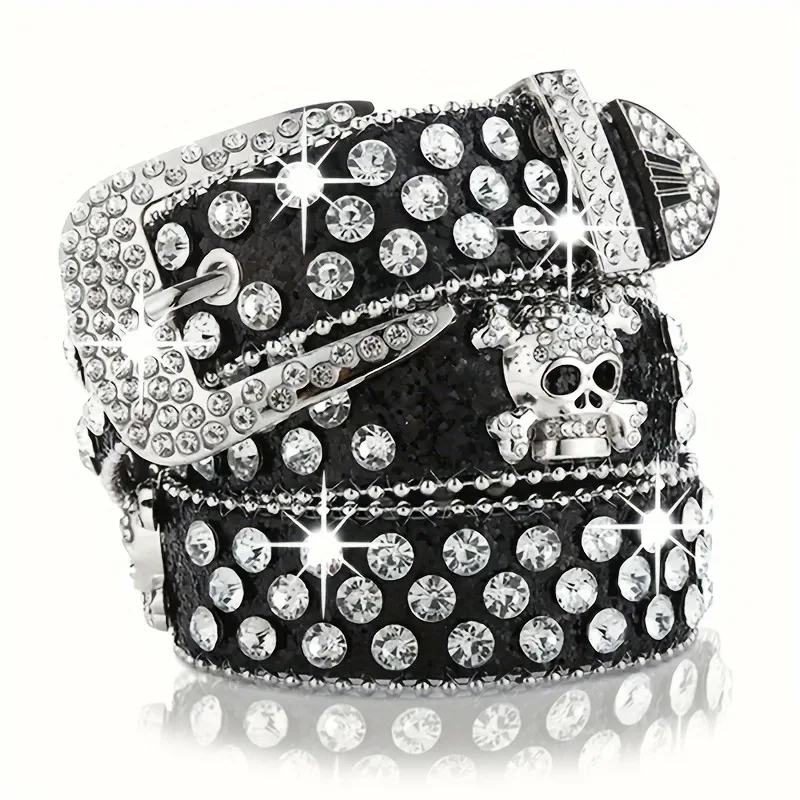 Rhinestone Belt Western Belts Y2k Cowboy Cowgirl Studded Belt Goth Emo Skull Sequin PU Belt for Women Jeans Pants Black and Red