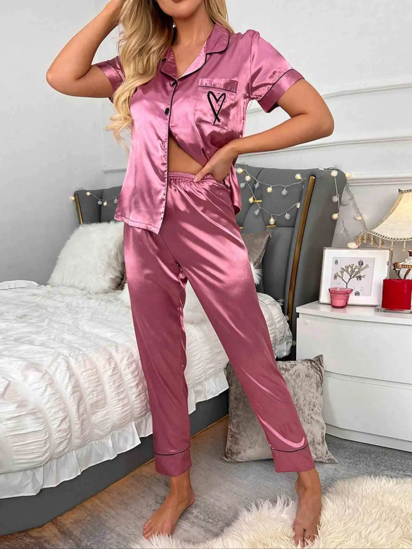 여성용 단색 버튼 프론트 파자마 투피스 세트, 편안한 파자마 세트, 반팔 라펠 넥 탑 & 반바지 파자마 세트, 여성용 잠옷