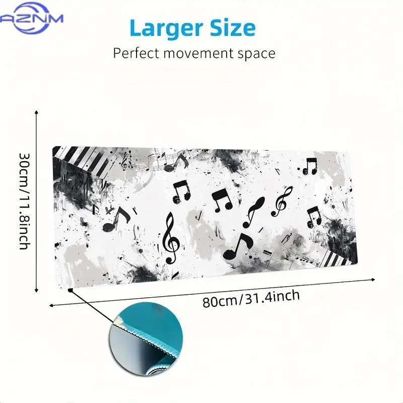 Large Music Note & Piano Keyboard Mouse Pad - Black and White Staff Design, Polyester Fabric, Perfect for Office, Gaming, or Mus