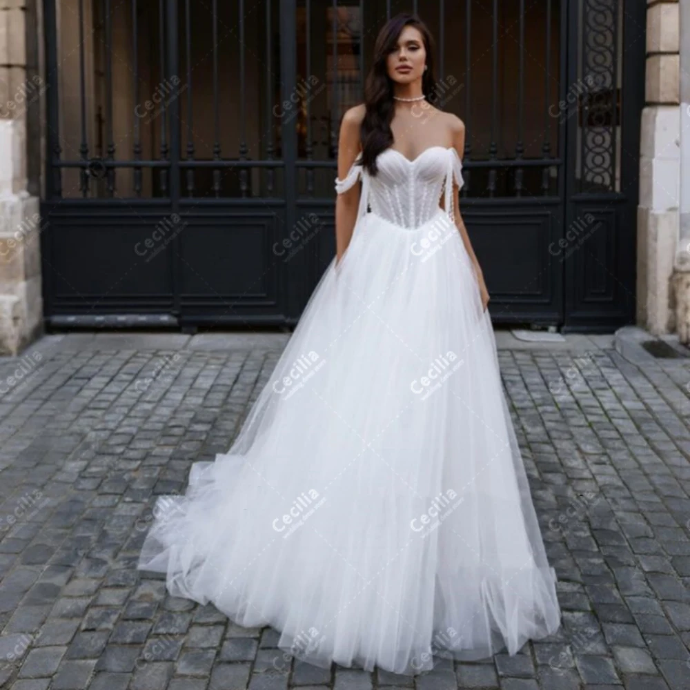 Charming Wedding Dresses A-Line Tulle Tiered Bridal Gowns Pearl Decoration Off The Shoulder Robes Vestidos De Novia Customized