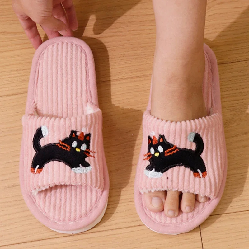 Cartoon Cat Pattern Home Slippers for Women Light Open Toe Non Slip Bedroom Slides Woman Fashion Striped Plush Indoor Slippers