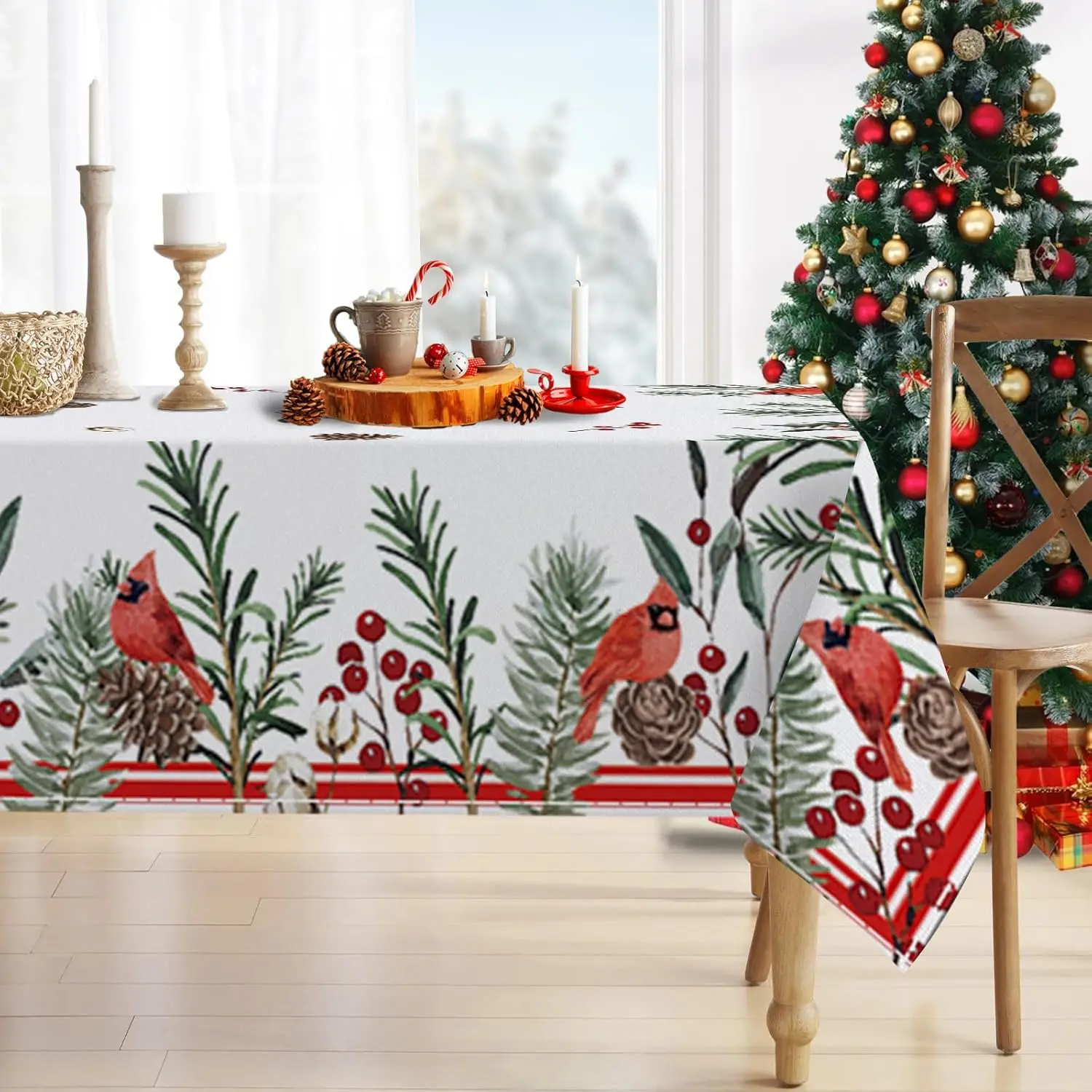 Christmas Cardinal Birds Pine Cone Needle Waterproof Tablecloth Table Decor Winter Xmas Dining Tablecloth Christmas Decorations