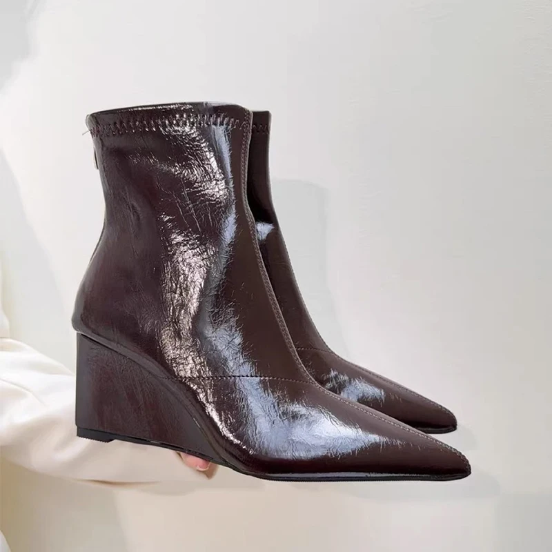 النساء أشار تو حذاء من الجلد أسافين أحذية فاخرة عالية الكعب أحذية شتاء 2025 الاتجاه تشيلسي الأحذية فستان مضخات الحفلات Mujer بوتاس #2