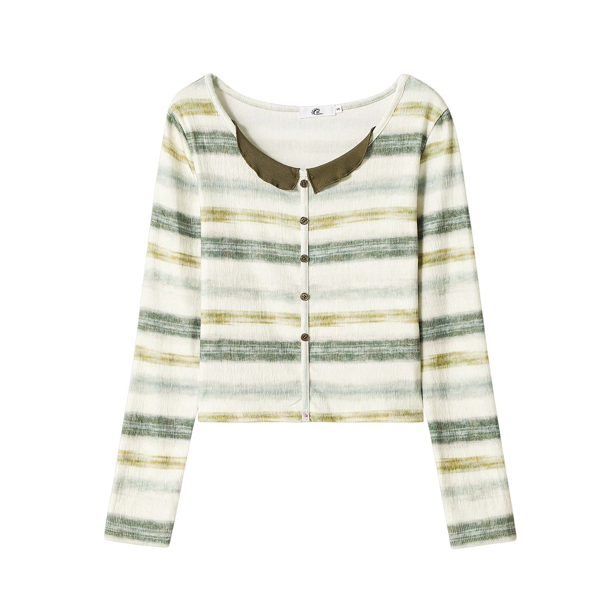 Color Blocking Striped O-Neck Fake Two Piece Long Sleeved T-Shirt Female Spring Base Coat Green Slim Fit Top Women's Clothing