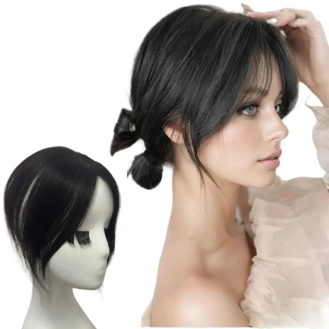 ナチュラル人毛前髪サイドフリンジ女性のための 3D 中間部分偽前髪クリップインヘアエクステンション目に見えないヘアピース