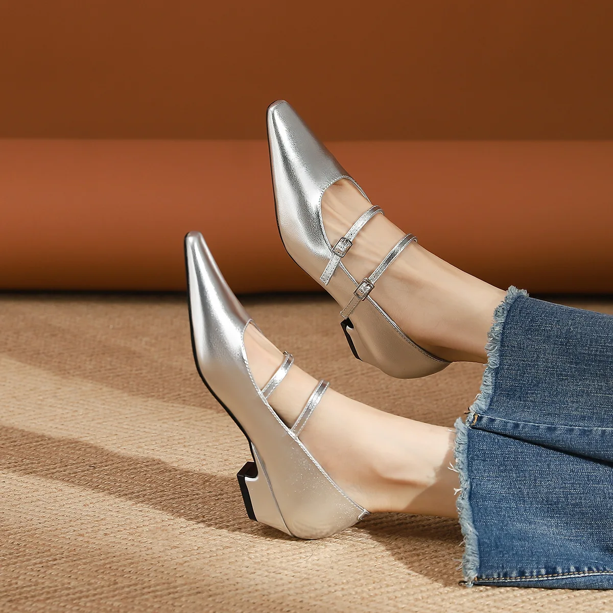 Versatile Ladies Women's Silver Metallic Leather Mary Jane Shoes Pointed Toe Block Heel Casual Daily Commute Date