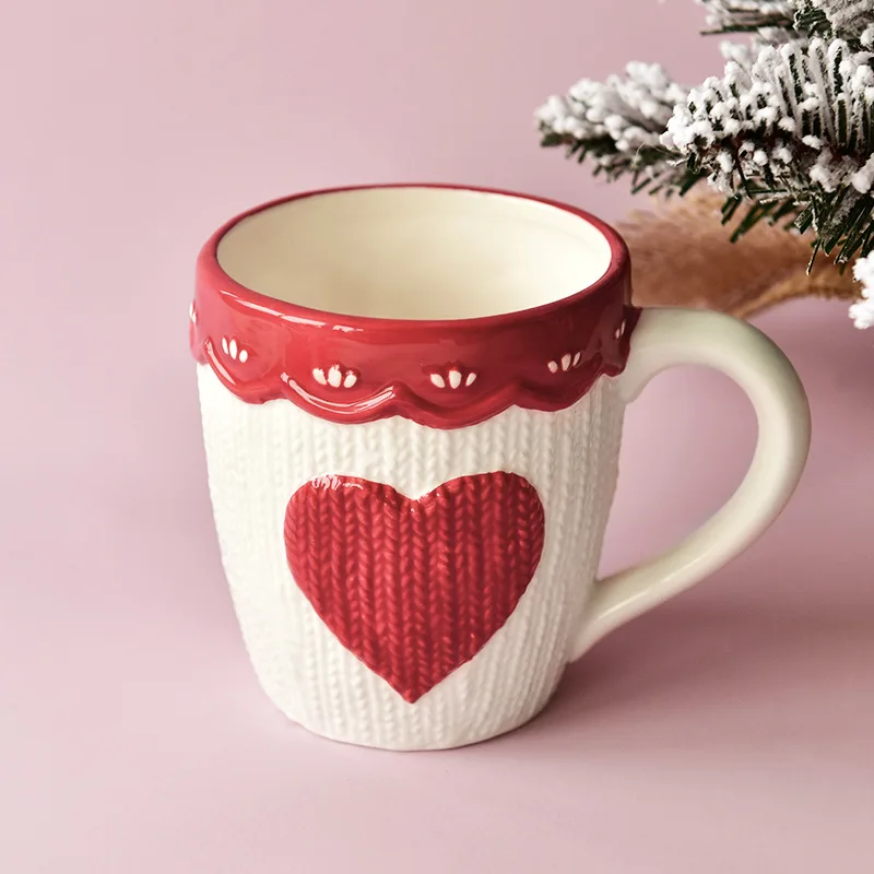 480ml Large Ceramic Coffee Mug Kawaii Bowknot Tea Cup Pink Wool Knitting Mug Dishwasher and Microwave Safe