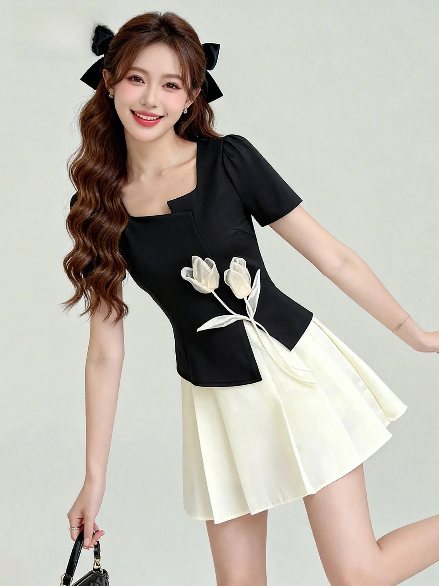 

Chic Black Slim Fit Women's Top Bottom Set Summer High Waist Short Sleeve Zipper Asymmetric Cotton Blend Fashion T-Shirt Set