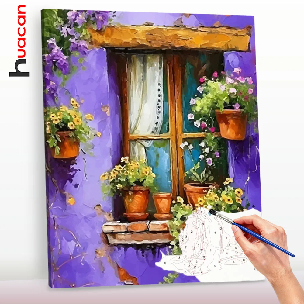 Huacan Malen nach Zahlen Fensterbank Blumen DIY Muster Zeichnen auf Leinwand Bild für Wohnzimmer Heimdekoration ﻿ ﻿ ﻿