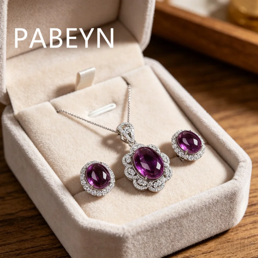 

925 Sterling Silver Fashion Temperament Purple Oval Zircon Necklace Ring Pendant Set Birthday Party Anniversary Gift
