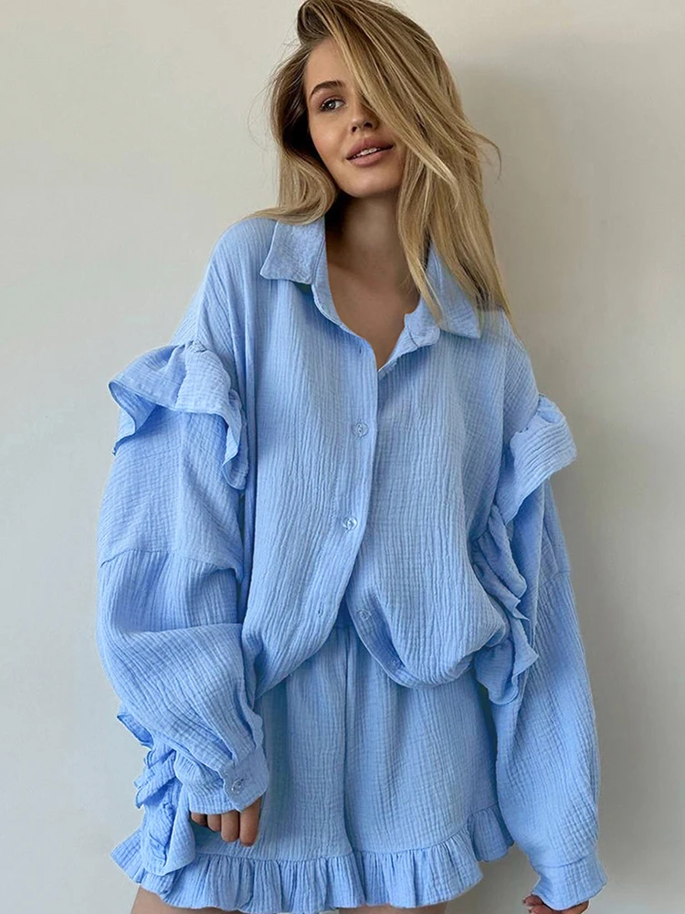 HiLoc Pink Ruffled Women Shorts Pajamas Sets Two Pieces Oversize Shirts And Wide Legs Shorts Autumn Winter 2024 Homewear Outfits