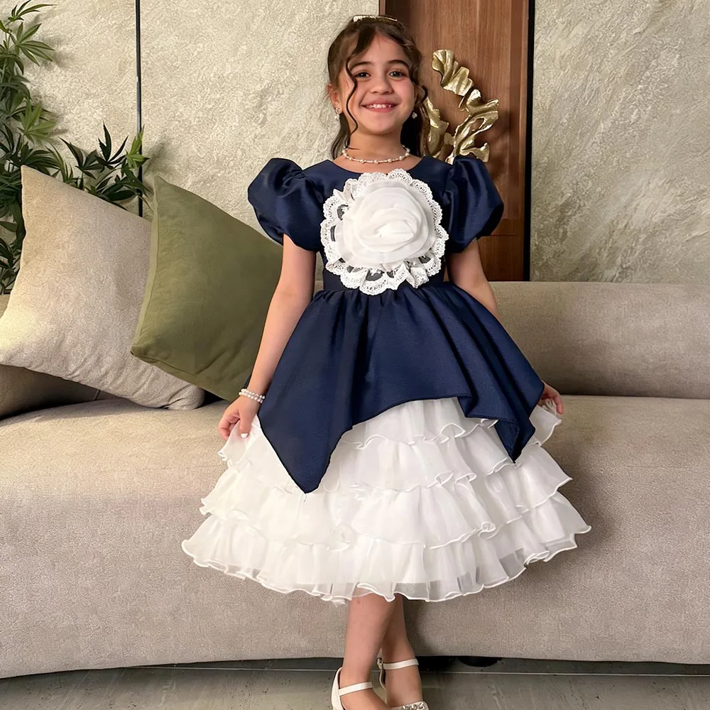 

Navy Blue Flower Girl Dresses Cake Dress For Girls Short Birthday Dress A-line Girl Princess Dress Big Flower Cute Kids' Dresses